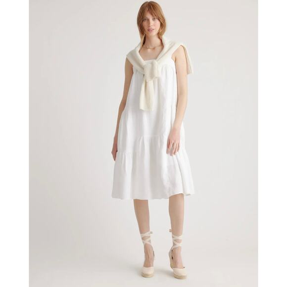 QUINCE White 100% European Linen Trapeze Midi Dress NWT Size Small - Picture 2 of 10